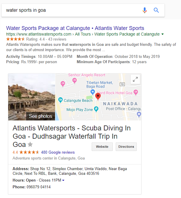 Google search for watersports in Goa-Atlantis Watersports