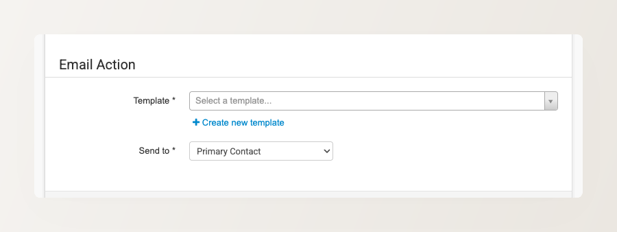 Backoffice screenshot of the Email Action section showing the Template dropdown and the Send to recipient selector