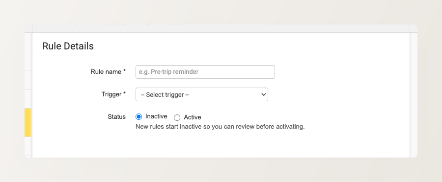 Backoffice screenshot of the New Rule form showing Rule name, Trigger dropdown, and Status fields