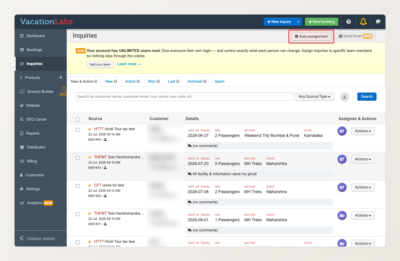 The Inquiries screen with the Auto-assignment button highlighted