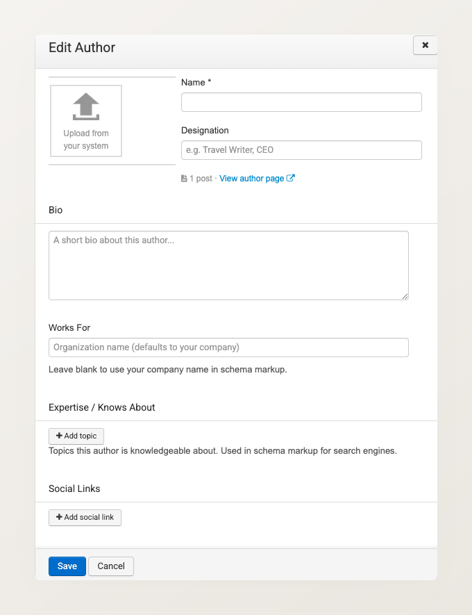 Edit Author dialog showing name, designation, profile photo upload, bio textarea, Works For field, Expertise / Knows About topics, and social links