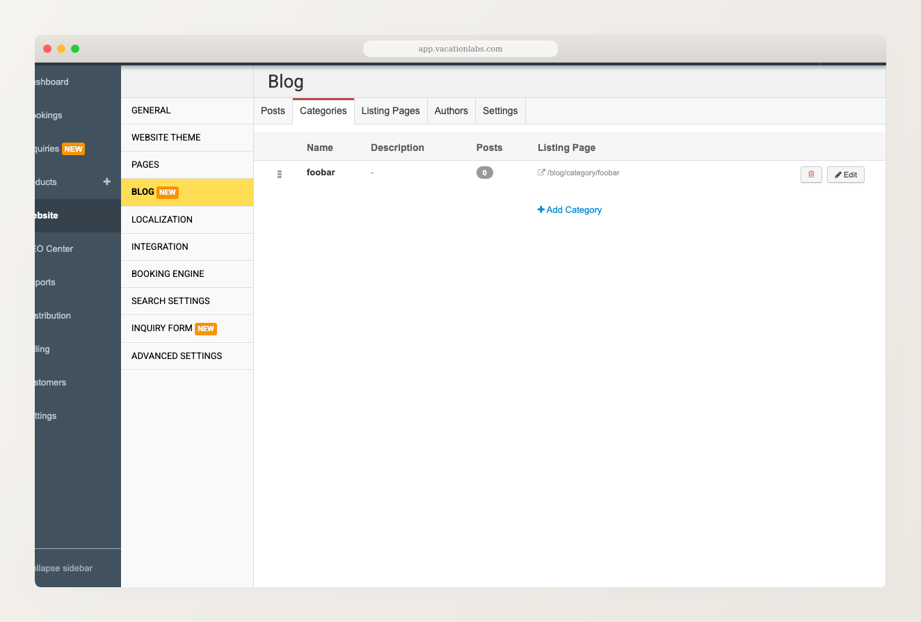 Blog Categories tab showing Name, Description, Posts, and Listing Page columns with drag handle, Edit button, and Add Category link