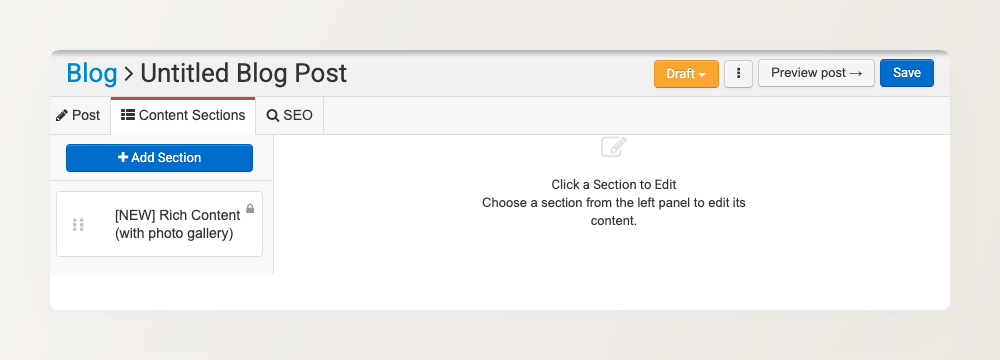 Blog post Content Sections tab showing Add Section button, existing Rich Content section with drag handle, and section editor pane