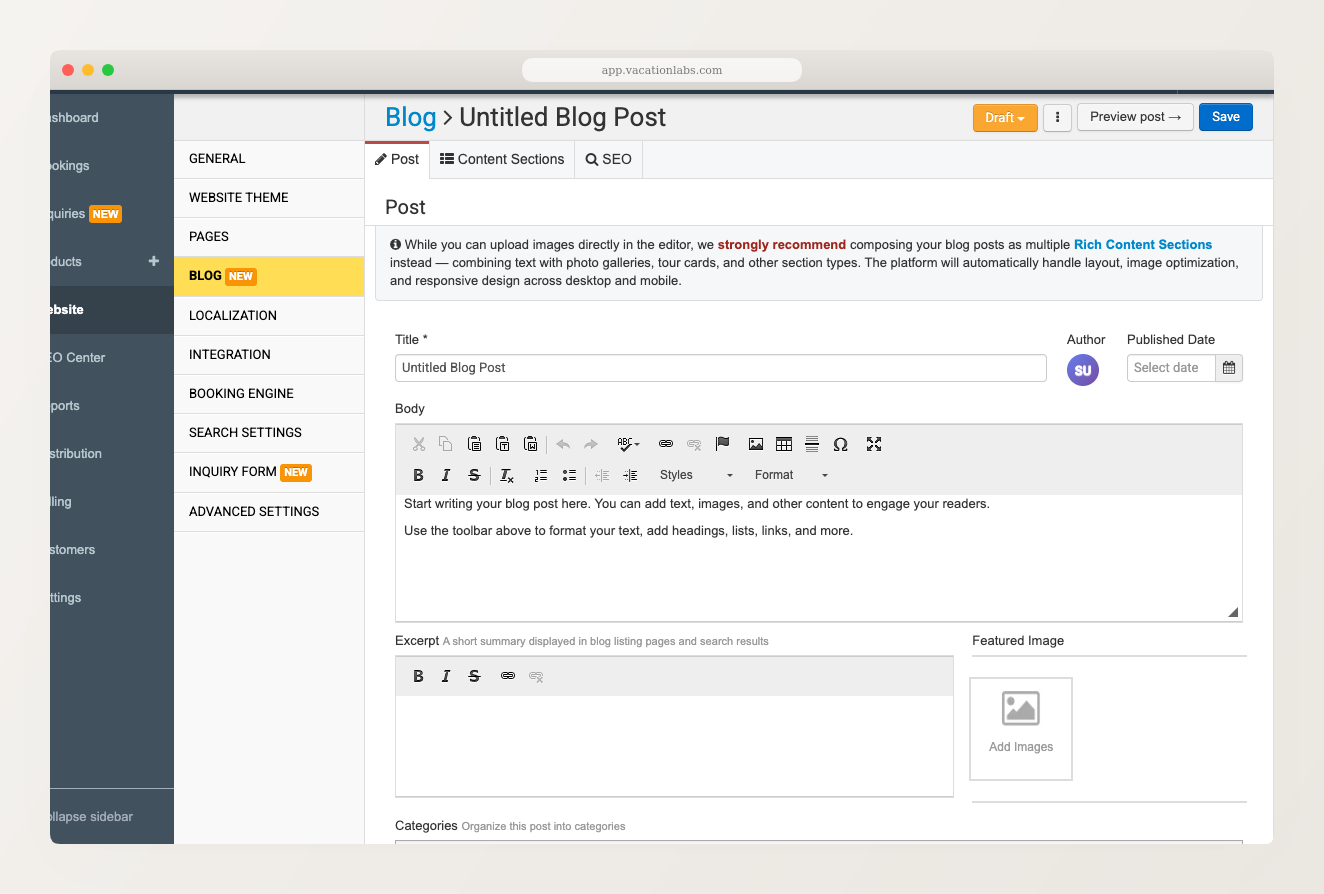 Blog post editor showing Post tab with title, author, date, body editor, excerpt, and featured image fields