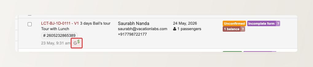 Booking list row with a Google Ads source icon highlighted next to the booking reference
