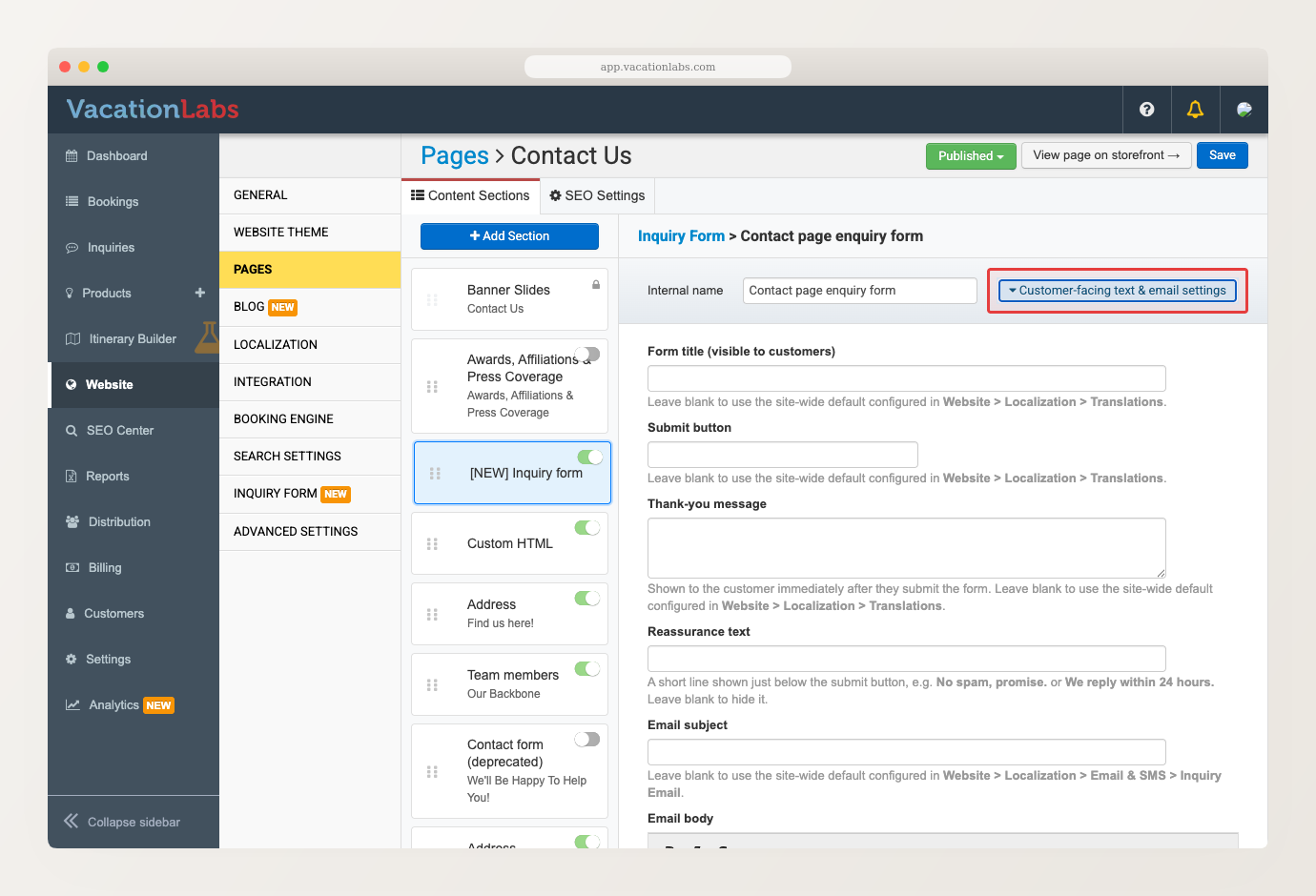 Inquiry form editor with a red box around the Customer-facing text and email settings link, and the panel it reveals below showing Form title, Submit button, Thank-you message, Reassurance text and Email subject