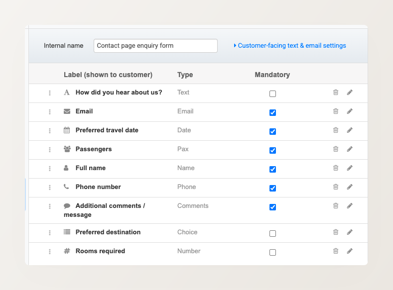 Inquiry form editor showing the Internal name box, the Customer-facing text and email settings link, and a list of fields with Label, Type and Mandatory columns