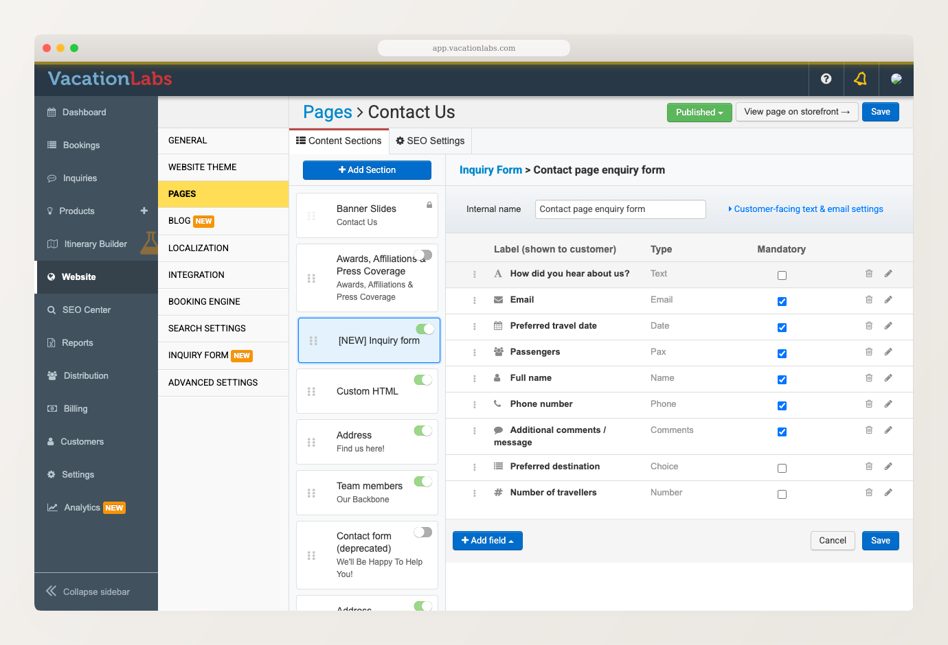 The inquiry form editor open in the backoffice, showing the form name, the customer-facing text link, the list of fields with their types, and the Add field and Save buttons