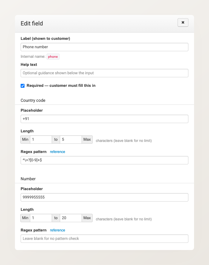 Phone field settings slide-out showing separate Country code and Number groups, each with its own placeholder, length and regex pattern