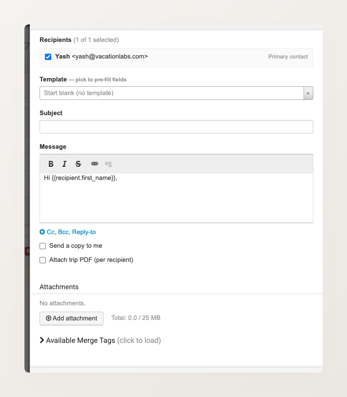 The email composer panel, with the Template dropdown near the top and the Save as template button at the bottom