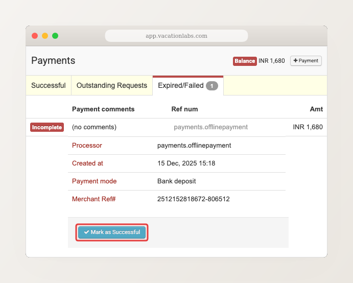 Backoffice desktop screenshot, tight crop of payment details screen with Mark as Successful option highlighted with red box