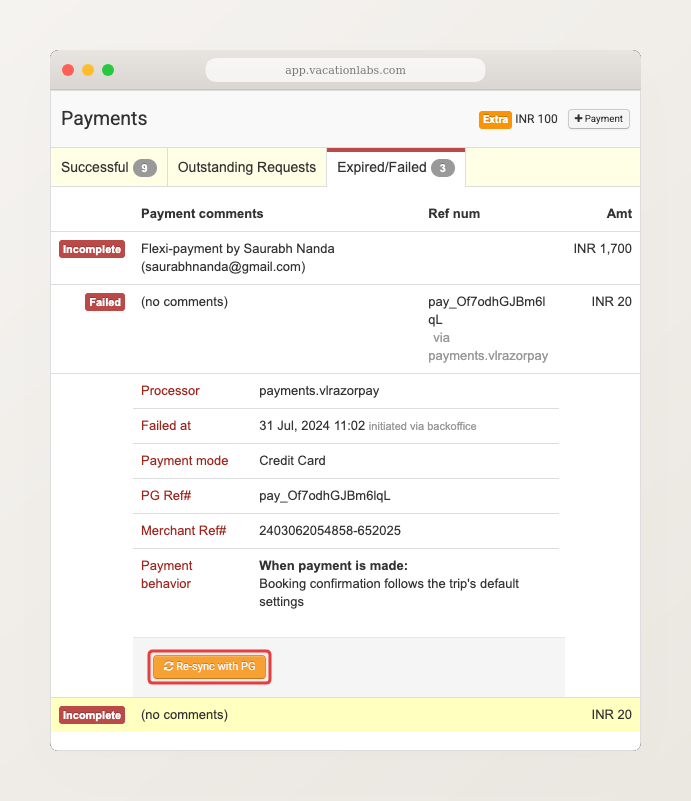 Backoffice payment details screen with the Re-sync with PG button highlighted