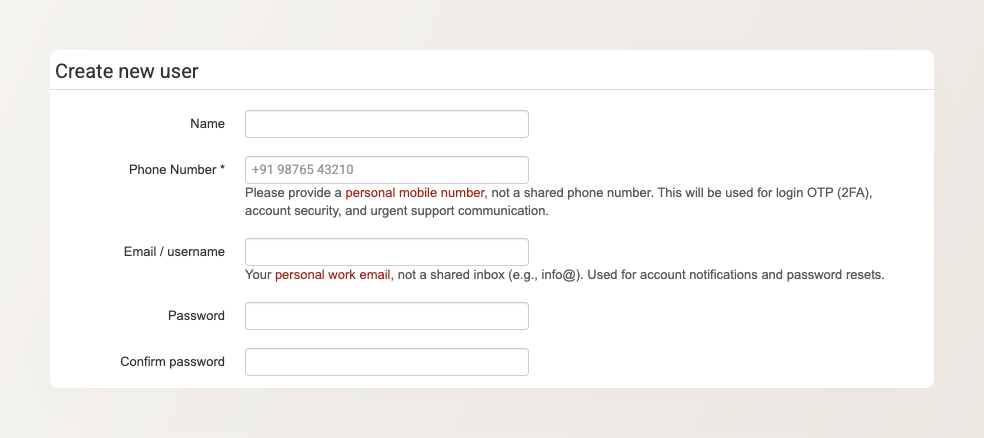 The Create new user form, with fields for name, phone number, email and username, password, and access rights