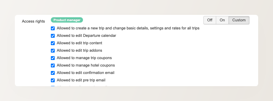 The same role set to Custom, where each permission is an editable checkbox