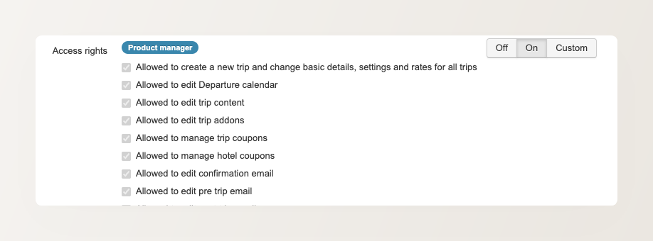 A role set to On, its granted permissions ticked but not individually editable