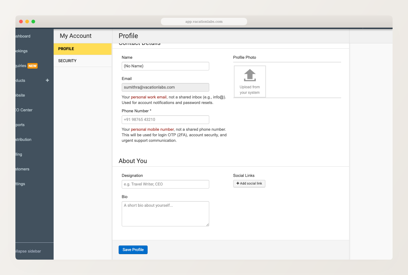My Account Profile tab showing contact details, phone number, profile photo upload, and About You section