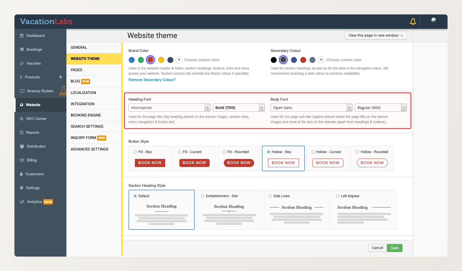 Website Theme settings with the Heading Font and Body Font pickers highlighted in a red box, each showing a font-family dropdown and a weight and style picker