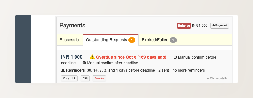 Payments section showing the Outstanding Requests tab with an active payment request, including Copy Link, Edit, and Revoke actions