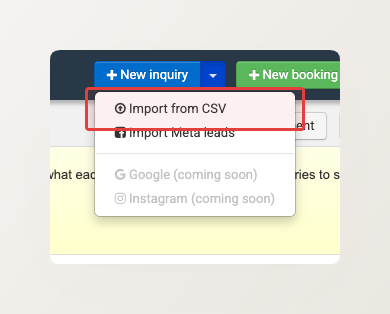 The New inquiry split-button menu open, with Import from CSV highlighted