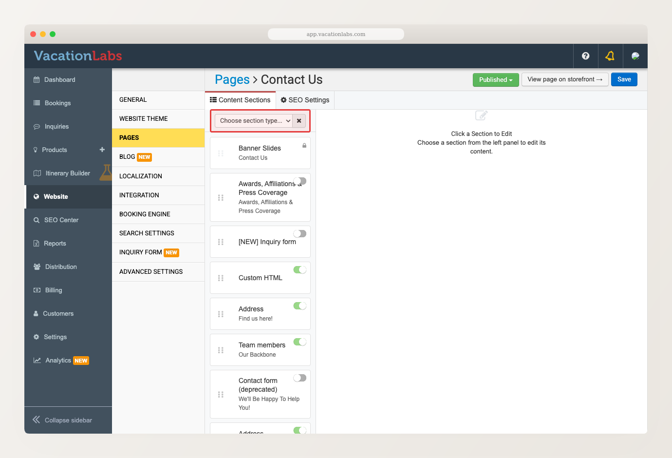 Backoffice screenshot of a page's Content Sections with a red box around the section-type dropdown used to add a new section