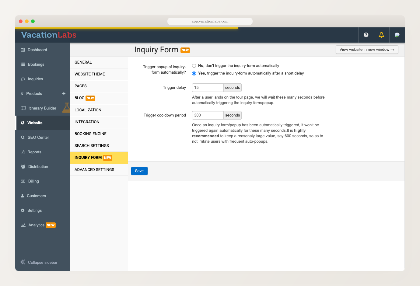 Backoffice screenshot of the Website Inquiry Form settings showing the automatic trigger option, Trigger delay, and Trigger cooldown period