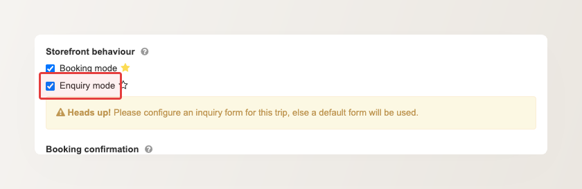 Backoffice screenshot of the Storefront behaviour setting, with a red box around the Enquiry mode checkbox and a Heads up notice about configuring an inquiry form