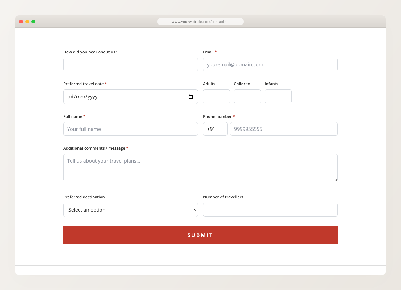 Inquiry form embedded directly in a website page, its fields laid out in two columns with a full-width comments box and Submit button