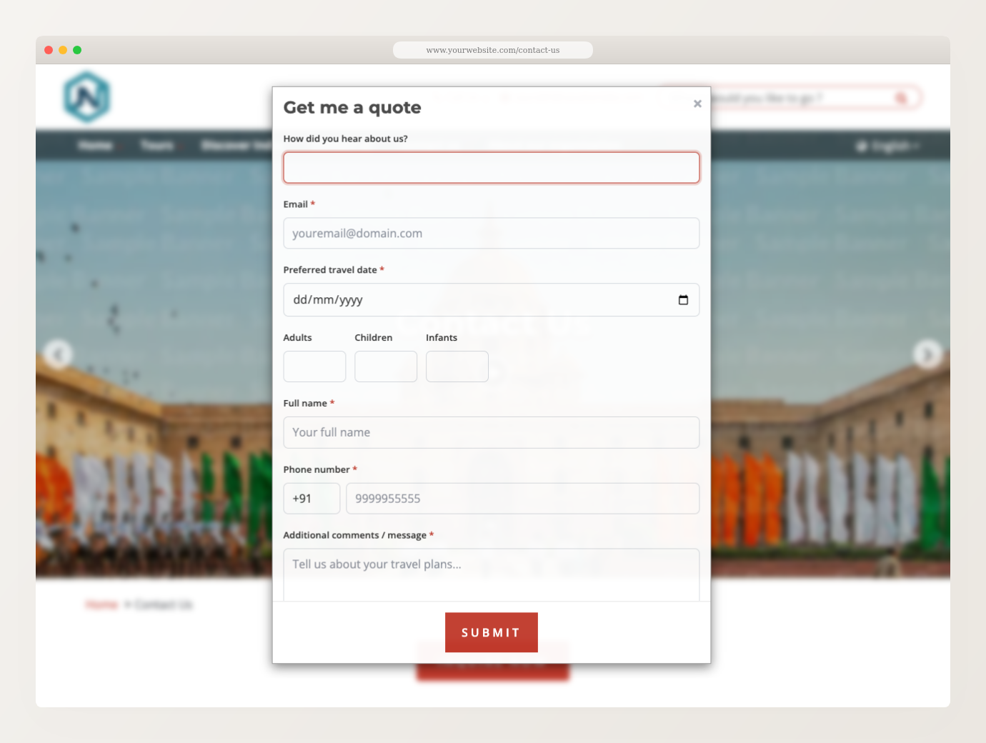Inquiry form open as a popup titled 'Get me a quote', centred over the page with the rest of the page dimmed behind it