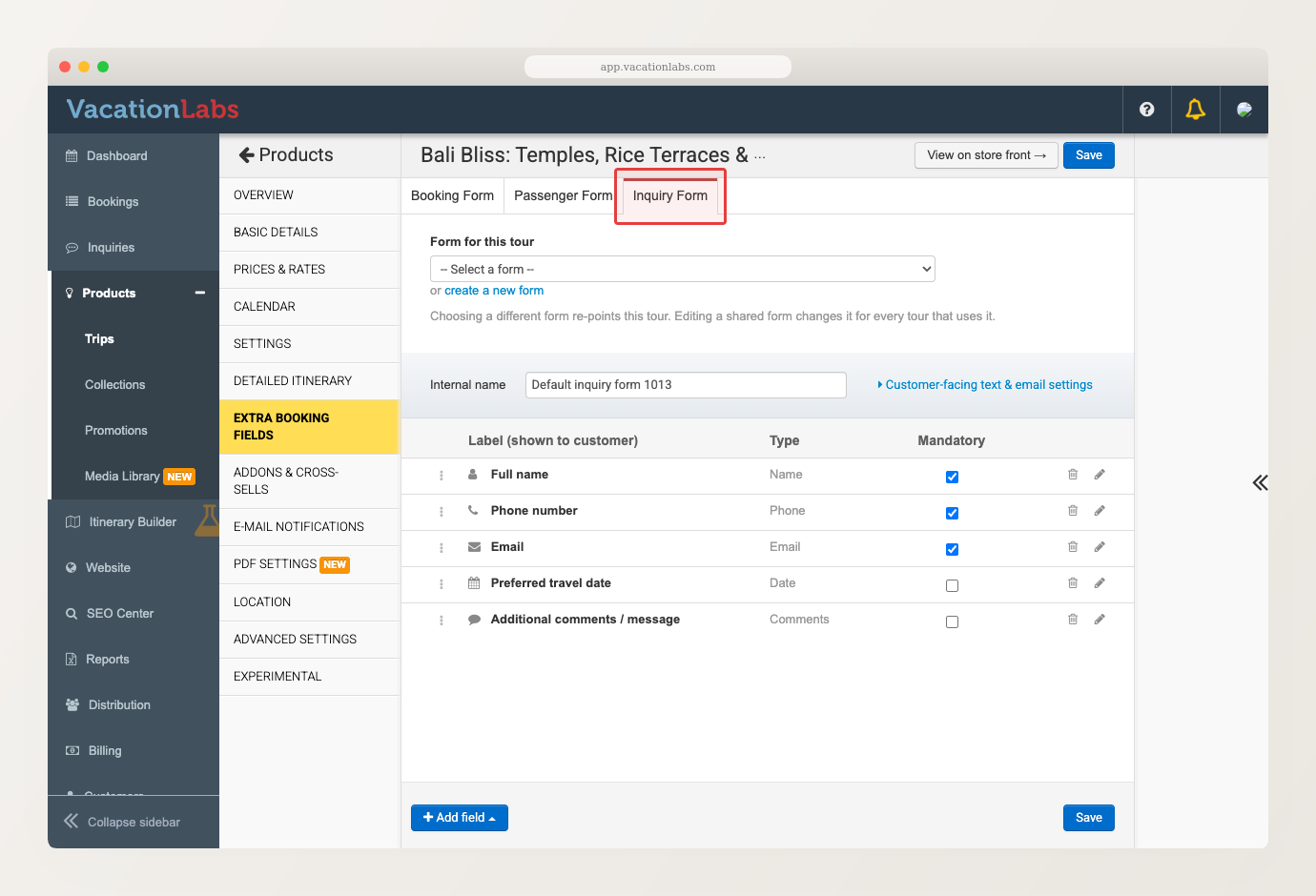 Backoffice screenshot of a tour's Extra Booking Fields with a red box around the Inquiry Form tab, showing the Form for this tour picker above the form editor