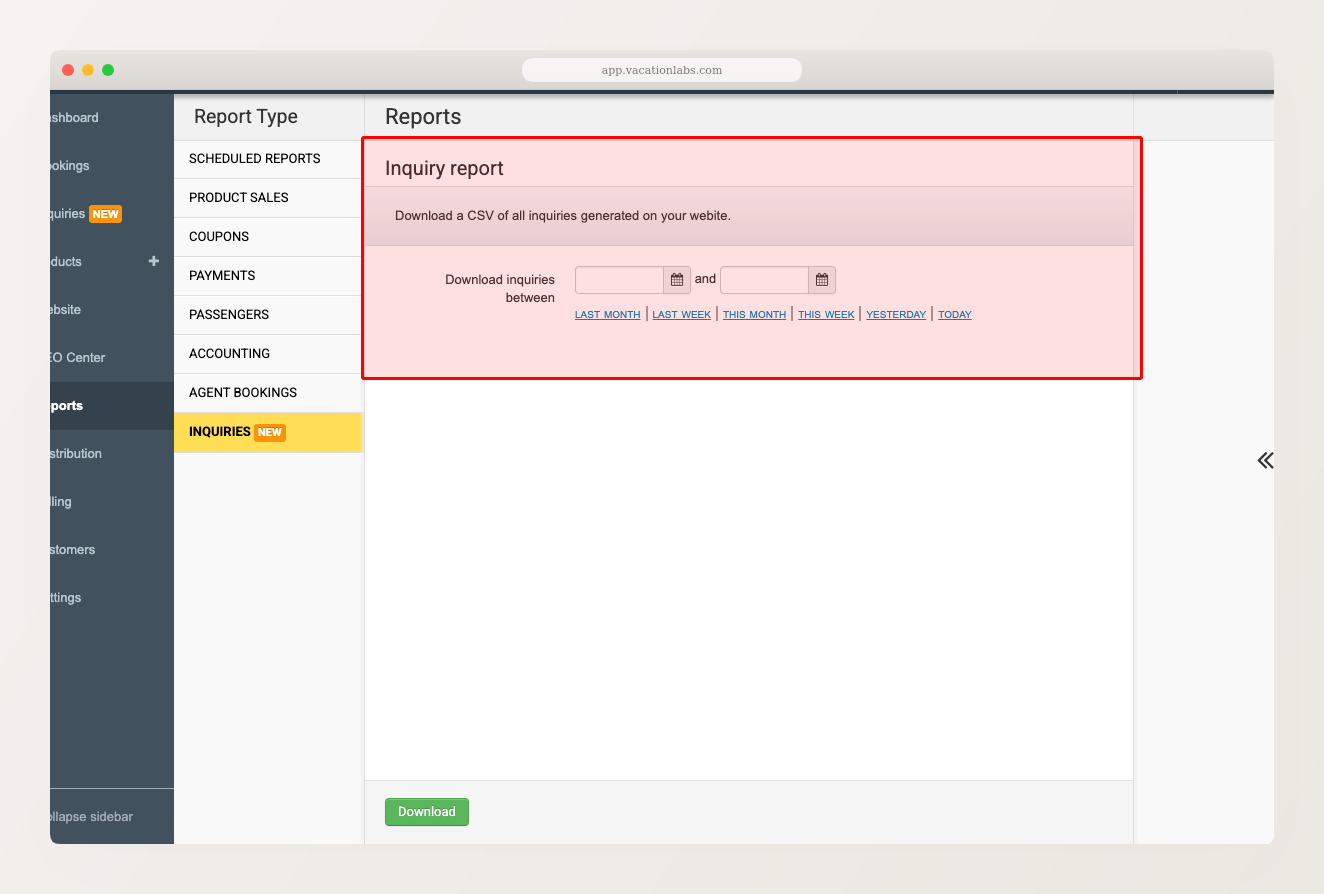 Reports page with Inquiries selected, showing date range pickers, quick date links, and Download button