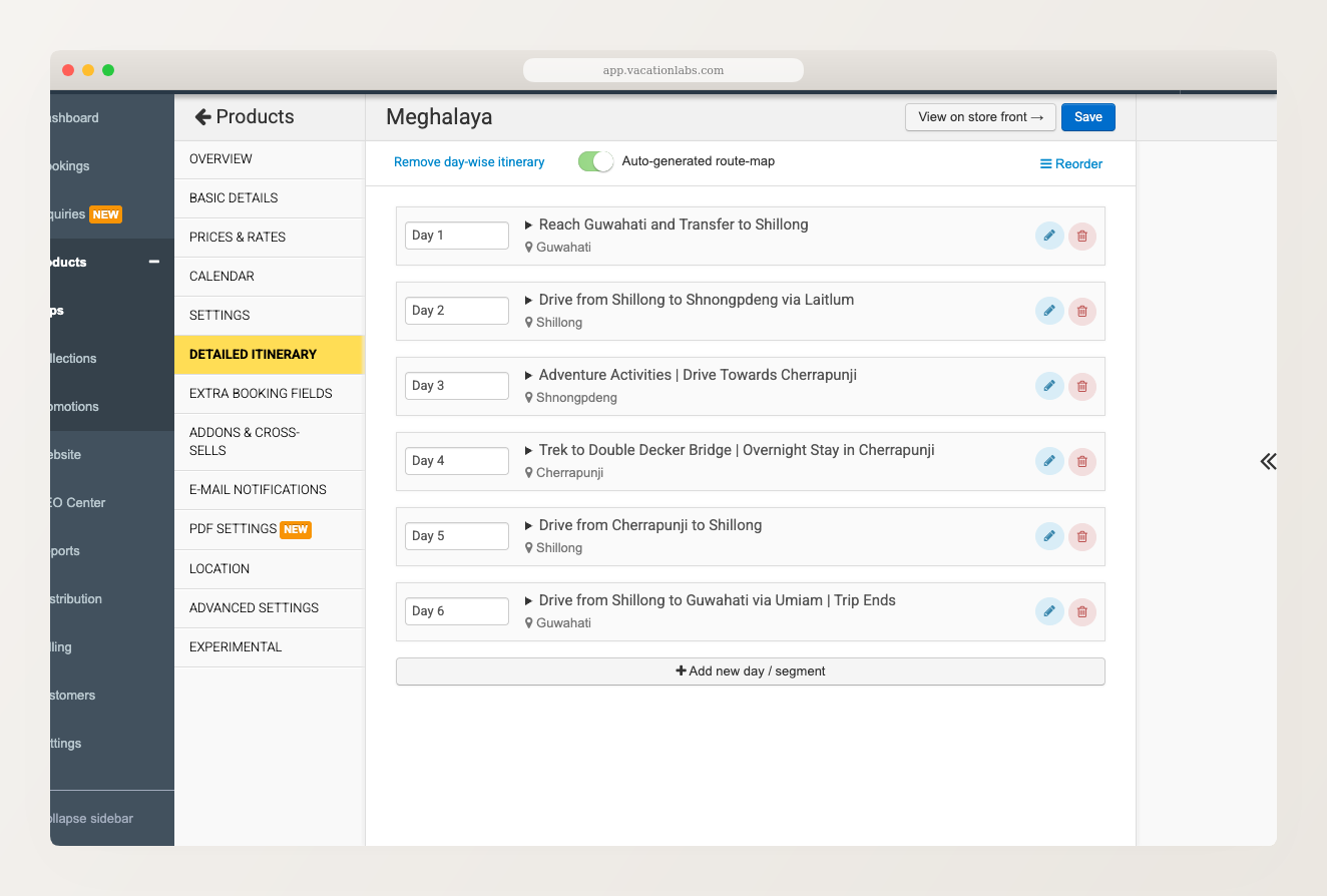 Backoffice Detailed Itinerary tab showing day-wise segments with titles, locations, and controls