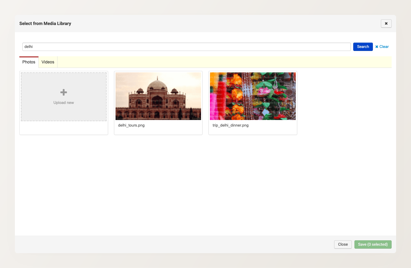 The media picker on the From Library view, with the search box filtering to photos matching "delhi" across the Photos and Videos tabs