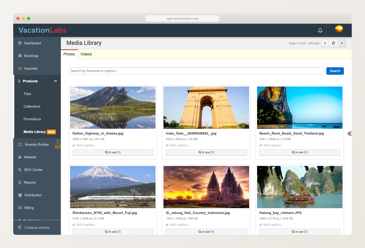 Media Library showing the Photos tab with a grid of photo cards, each with its filename, dimensions, and an "In use" button