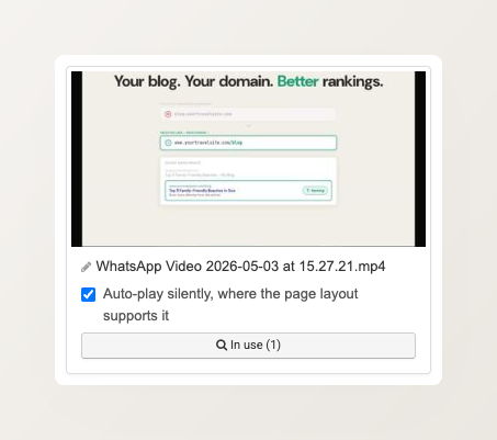 A video card showing the editable title, the silent auto-play checkbox, and the usage count