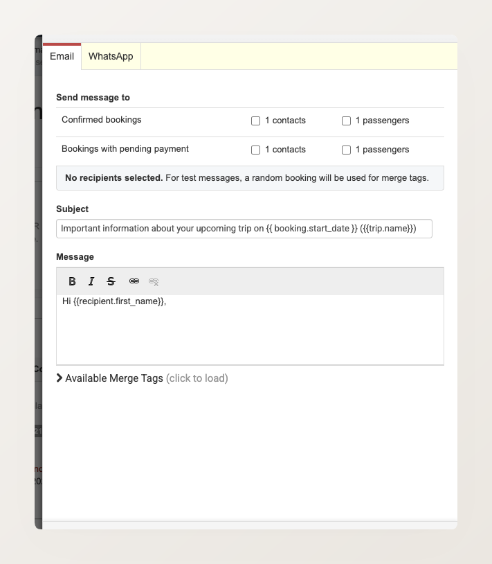 The departure Send Message sidebar on the Email tab, showing recipient checkboxes, subject, and message
