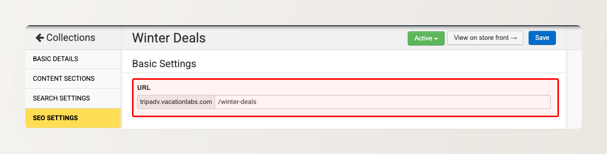 Collection editor SEO Settings tab with the URL field highlighted, showing a custom /winter-deals path
