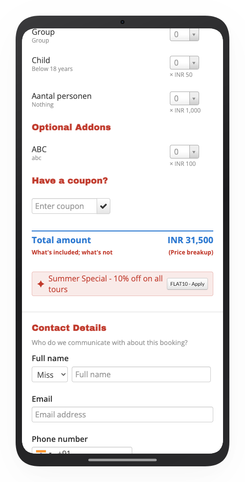 Booking form participant-selection step on a mobile phone, showing the coupon promotion banner 'Summer Special - 10% off on all tours' with the FLAT10 code near the booking's Total amount