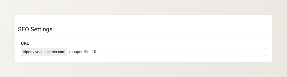 Coupon promotion editor SEO Settings section, showing the URL field with the promotion page's web address