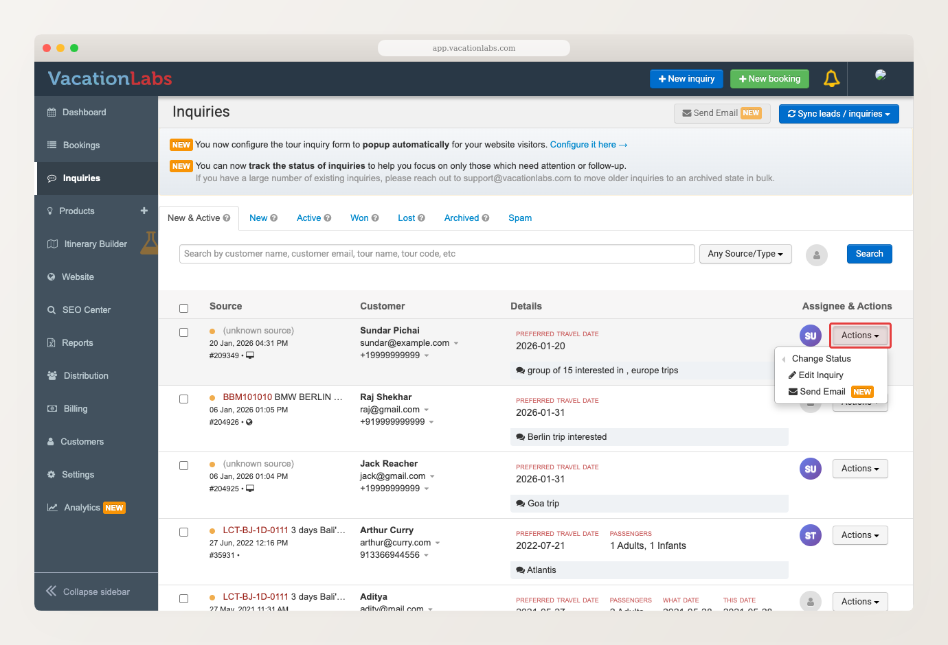 Inquiry list with a row's Actions menu highlighted; Send Email appears inside it