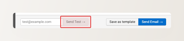 Backoffice screenshot of the composer footer showing the test-send address field, Send Test, Save as template, and Send Email buttons