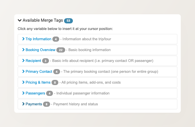 Backoffice screenshot of the composer with the Available Merge Tags list expanded, showing merge fields for the recipient and the booking