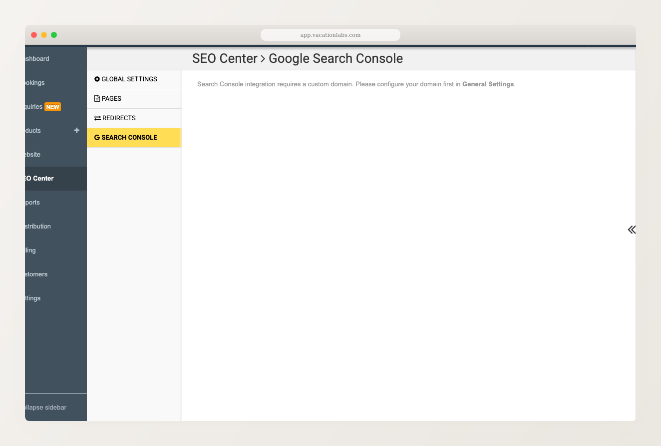 SEO Center Search Console page