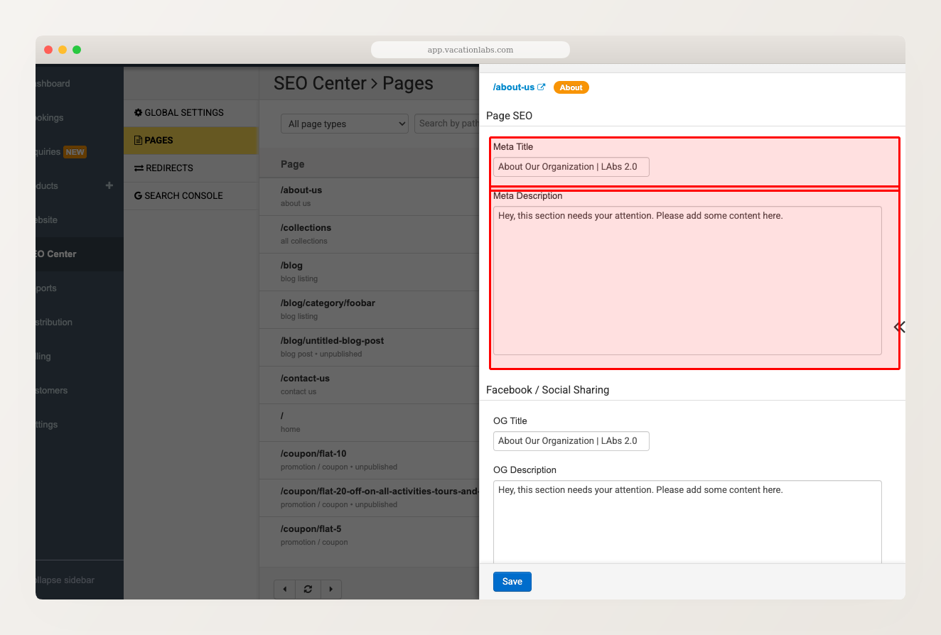 SEO Center Pages tab with sidebar open, tight crop showing meta title and meta description fields, red box around the meta title and meta description fields, desktop