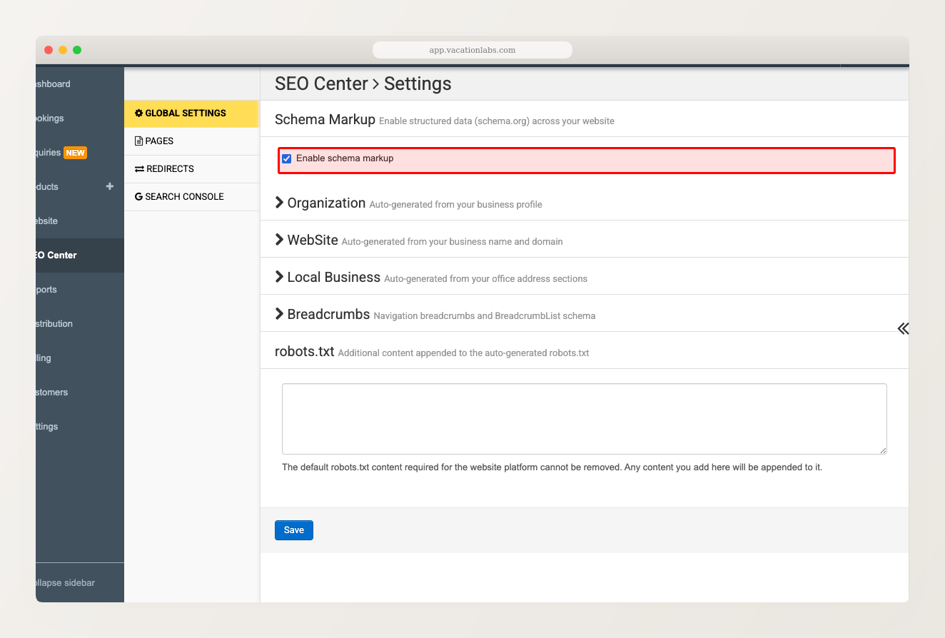SEO Center Global Settings panel showing master toggle, breadcrumb toggle, and JSON override fields, tight crop, red box around master toggle, desktop