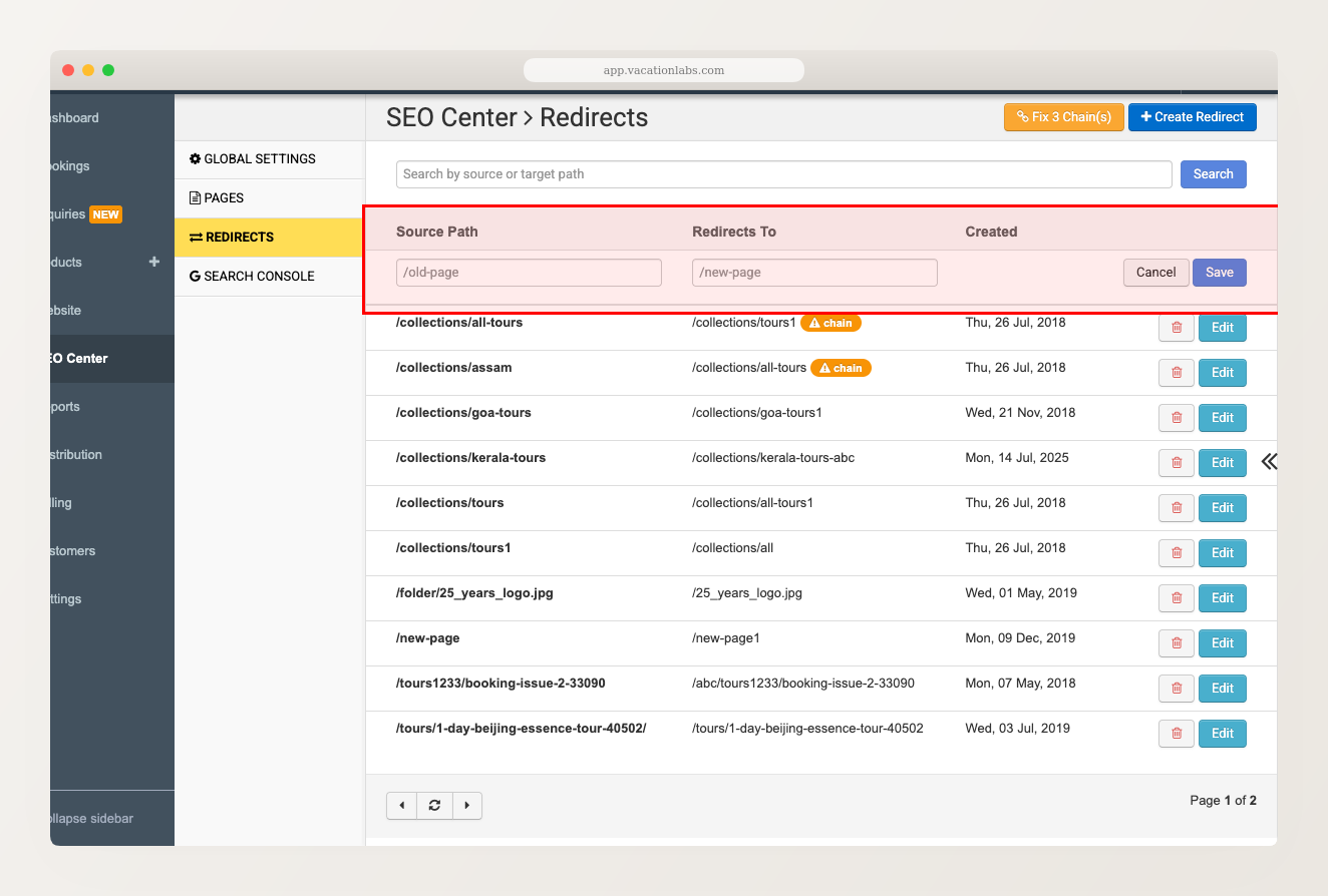 SEO Center Redirects page with inline create form open, showing Source Path and Redirects To fields with Save button highlighted