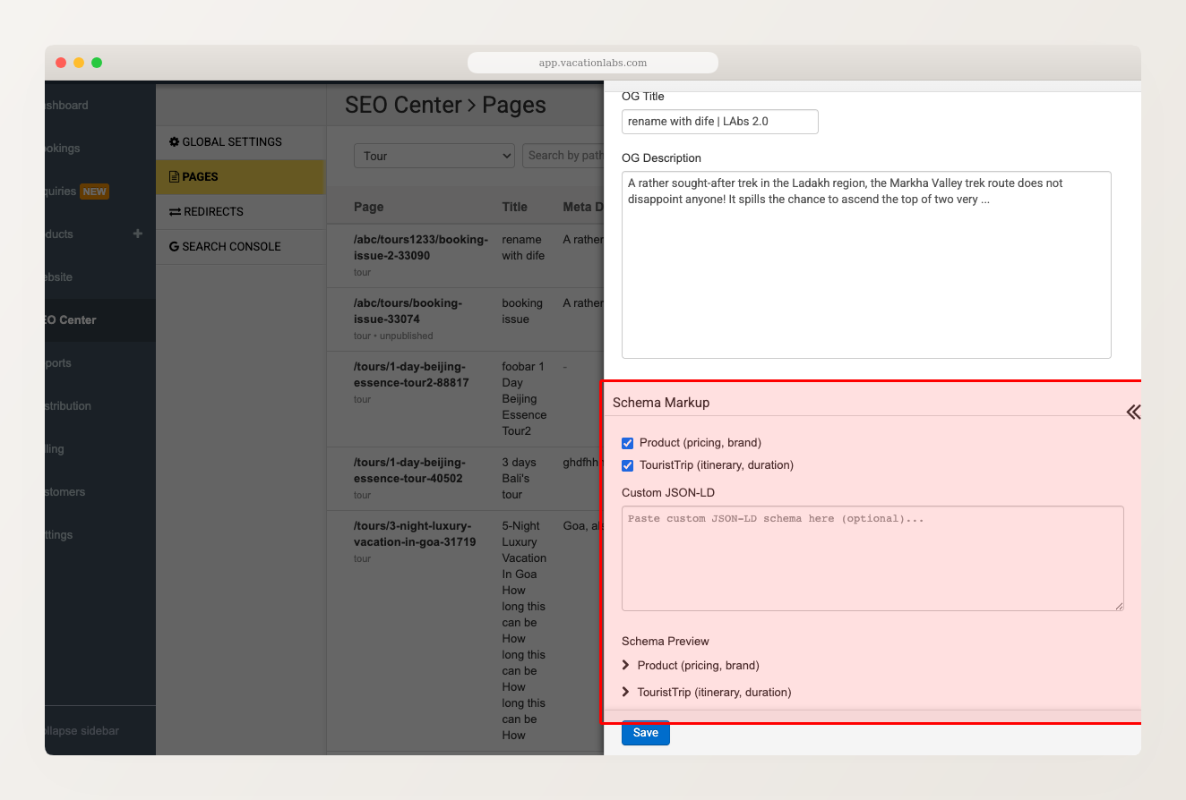 SEO Center sidebar showing schema toggles for a tour page with JSON-LD preview, tight crop of sidebar schema section, red box around the schema toggles, desktop