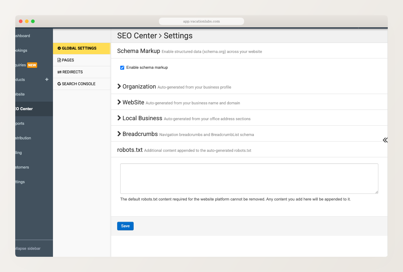 SEO Center landing view showing sidebar navigation with Global Settings, Pages, Redirects, and Search Console sections