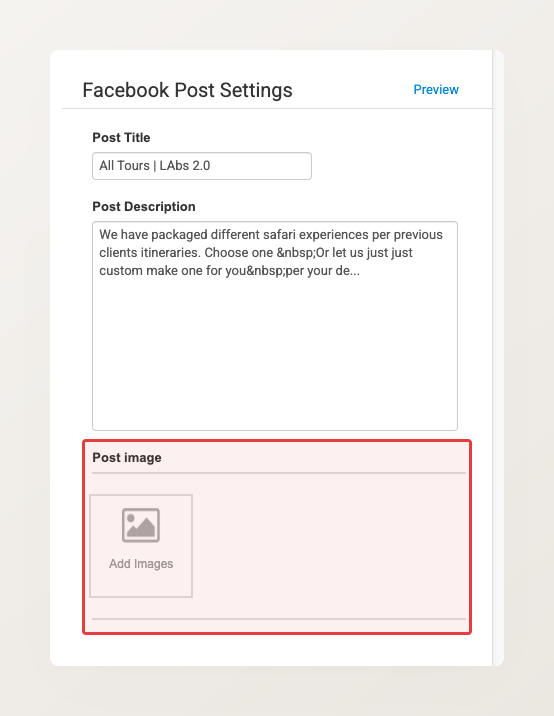 Facebook Post Settings section of a page's SEO settings, with the Post image field highlighted, showing the Add Images upload tile below the Post Title and Post Description fields