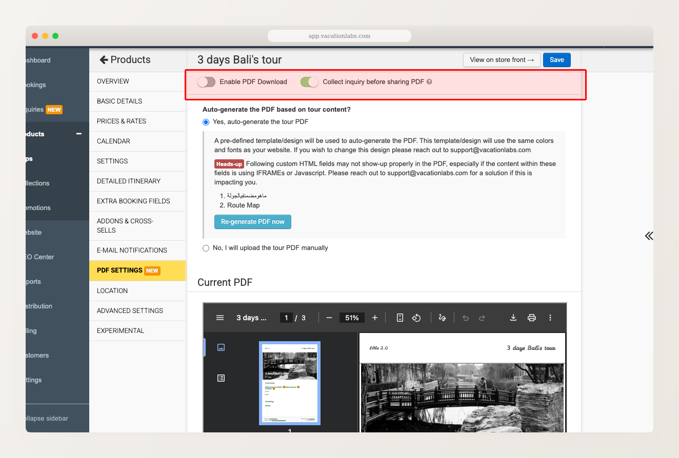 Backoffice PDF Settings panel showing Enable PDF Download checkbox and auto-generate options