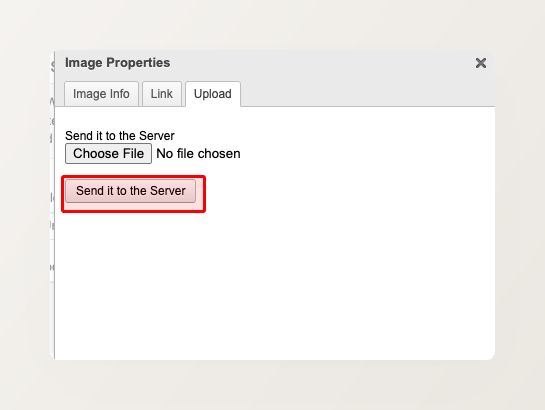 Image Properties dialog showing the Upload tab with Choose File and Send it to the Server button highlighted.
